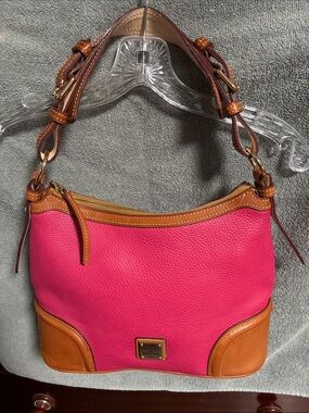 Dooney & Bourke Hot Pink Pebbled Leather Shoulder Bag with Tan Trim